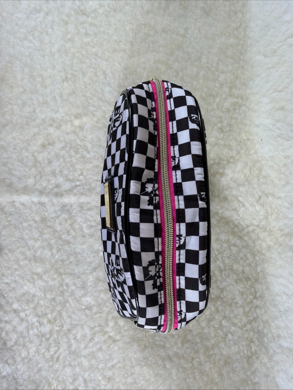 Betsey Johnson Black & White Checkered Cosmetic Pouch with Floral Motif